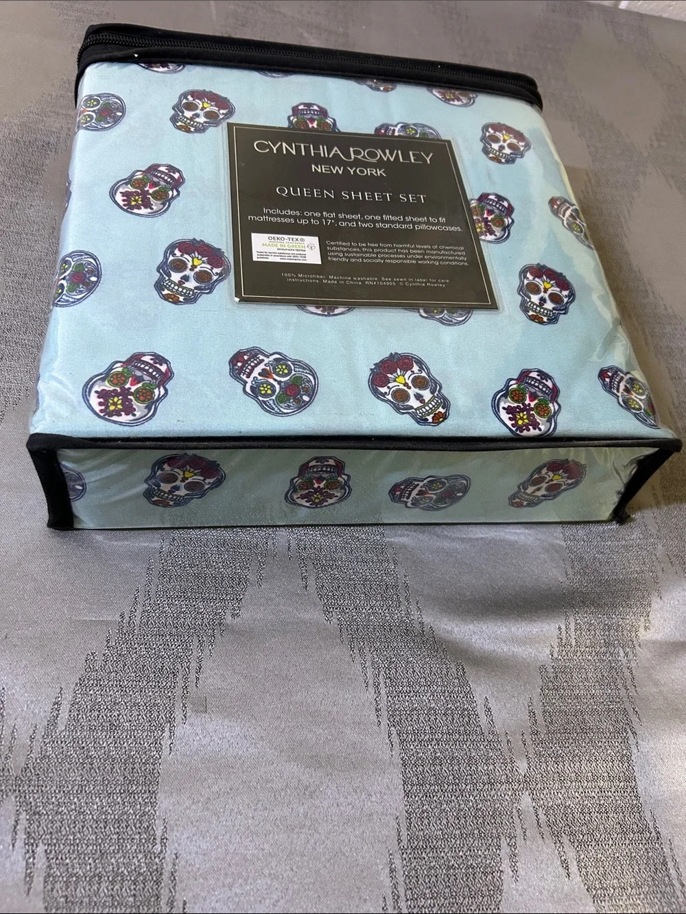 Cynthia Rowley Light Blue Queen Sheet Set with Sugar Skull Print